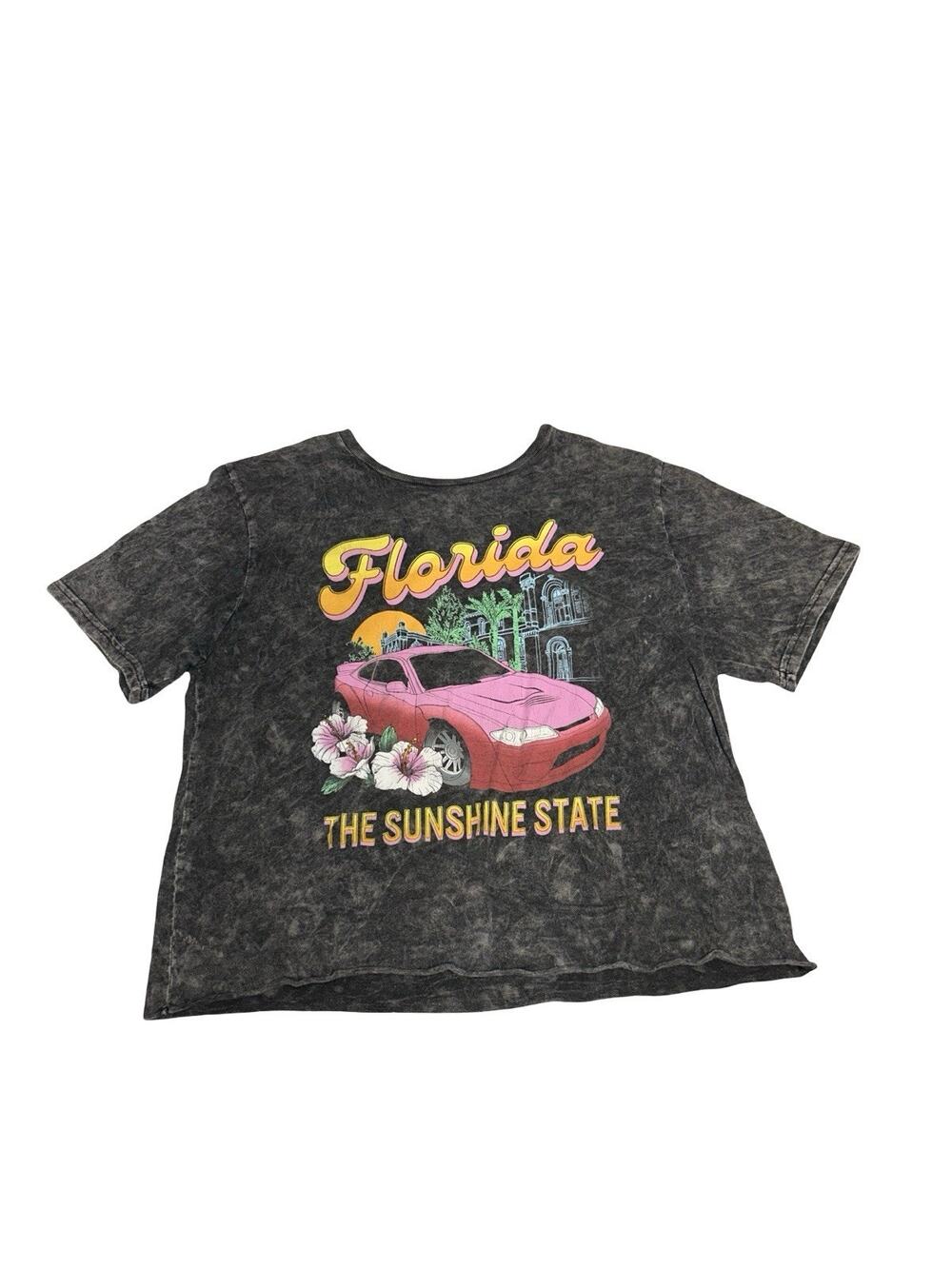 Florida Sunshine State Pink Car Acid Wash Graphic T Shirt Women’s Large Retro
